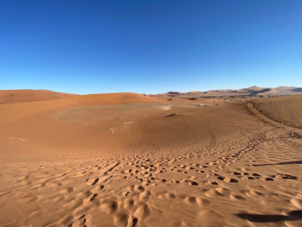 Footprint covered dune slope above distant vlei, Namibia