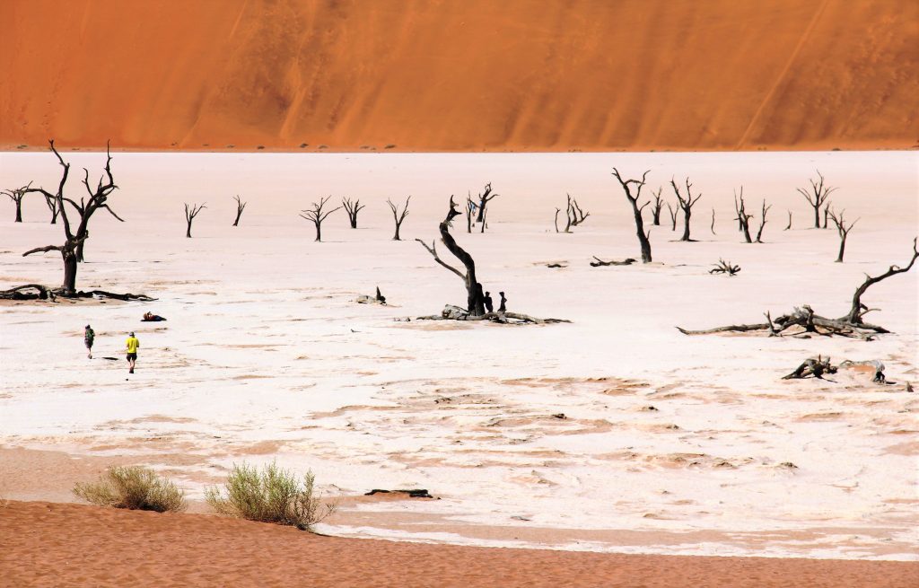 Hikers on pale Deadvlei pan below dune, Namibia