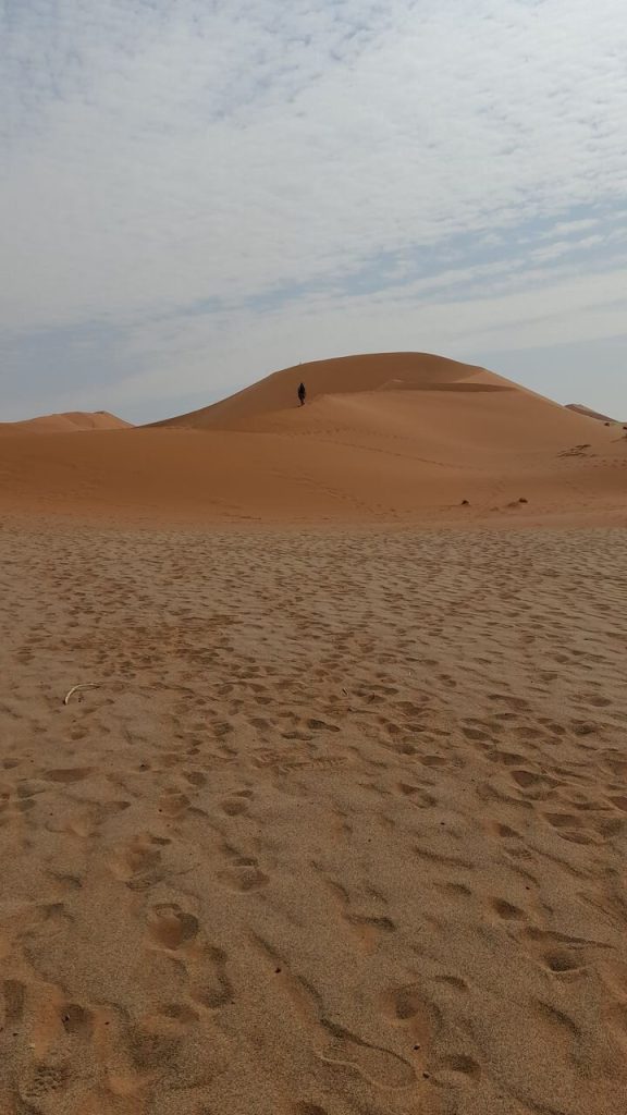 Lone hiker on red dune above trampled sand, Namibia