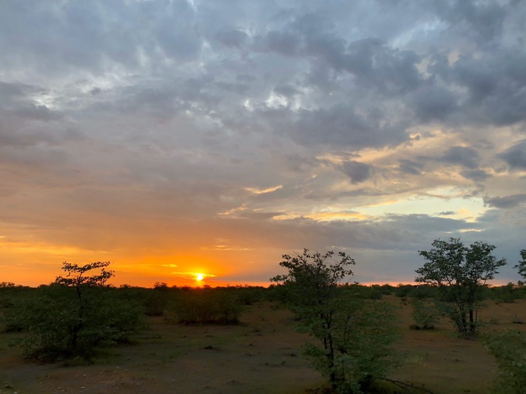 Orange sunset over flat bushland, Namibia