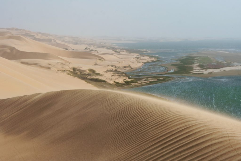 Rippled sand dunes falling straight into the turquoise lagoon and Atlantic surf at Sandwich Harbour