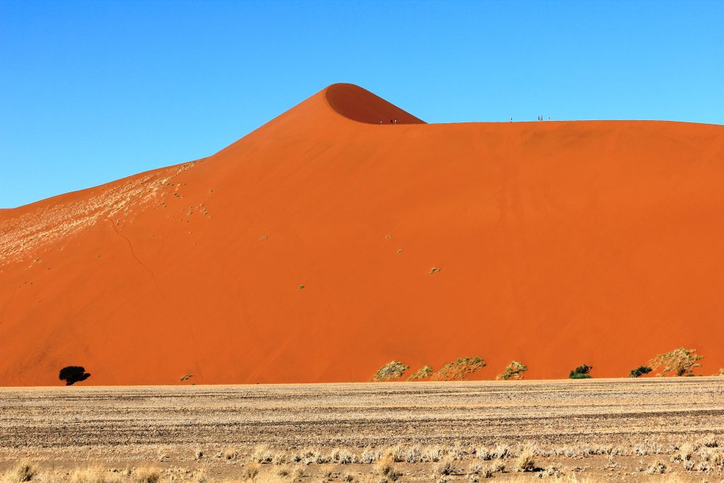 Tiny hikers on crest of huge dune, Namibia