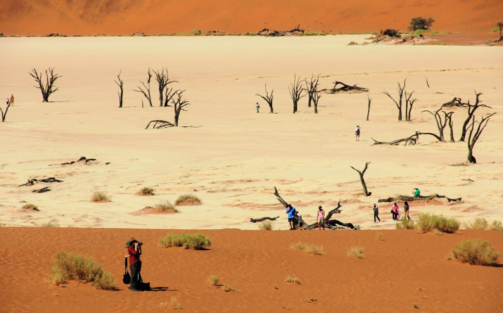 Tourists among dead trees on Deadvlei pan, Namibia