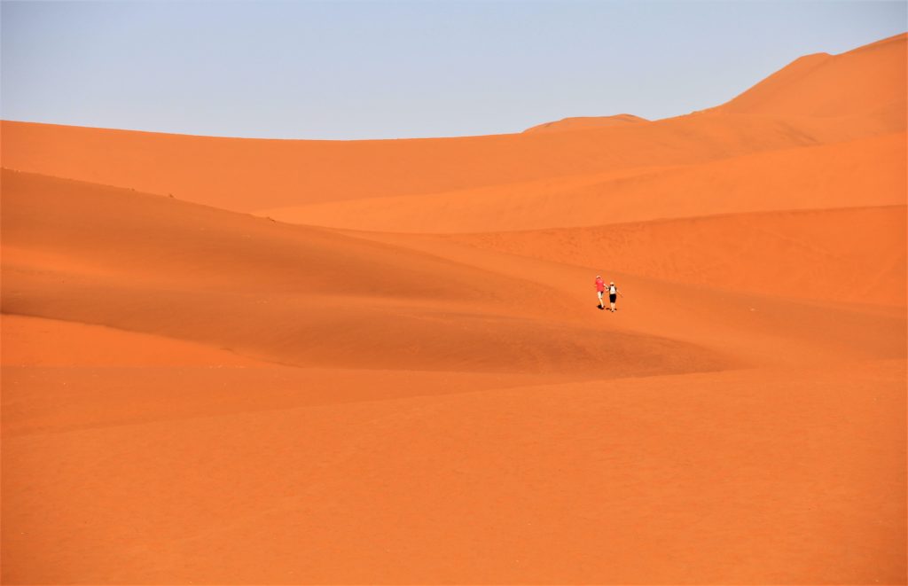Two walkers crossing vast orange dunes, Namibia