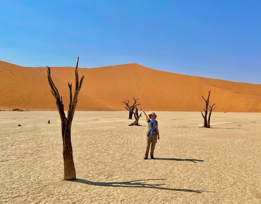 Woman waving between Deadvlei trees below big dune, Namibia